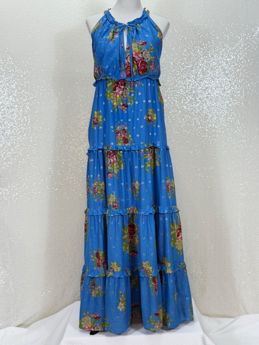 House of Harlow 1960 Blue Floral Maxi Dress Boho Tiered Ruffle Halter Feminine - Picture 14 of 16